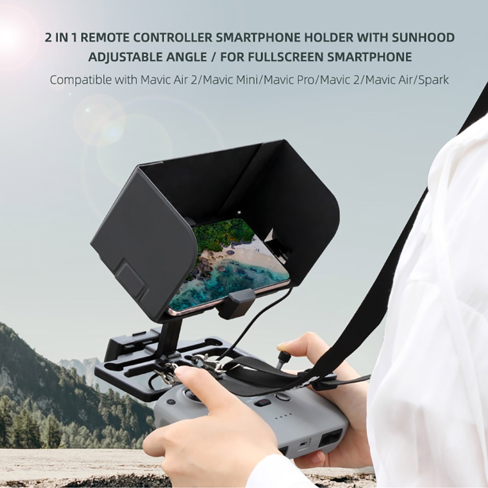 Full Screen Phone Holder with Adjustable Angle Hood Lanyard Suitable for DJI MAVIC 2 / Air2 / Mini Remote Control - Black